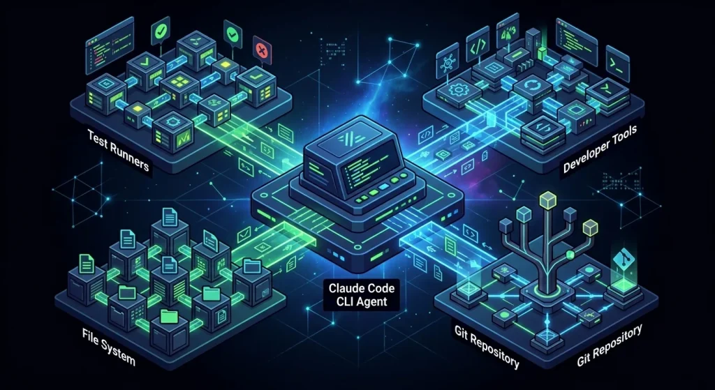 Claude Code Deep-Dive: Autonomous CLI Software Engineering 2 Isometric diagram showing Claude Code CLI agent connected to developer tools and file system